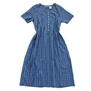 Vintage Plaid Cottagecore Midi Dress Blue Green Cotton Womens 1X Preppy